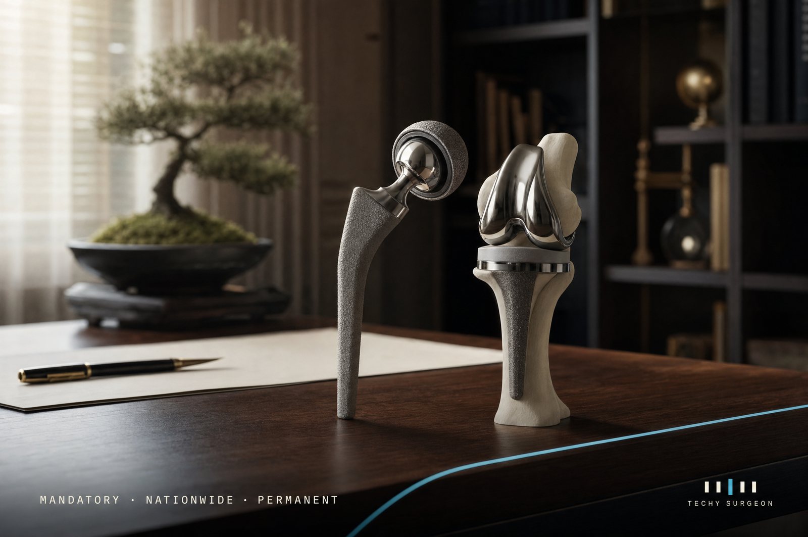 Hip and knee implant models on a walnut desk with a teal light filament: mandatory, nationwide, permanent