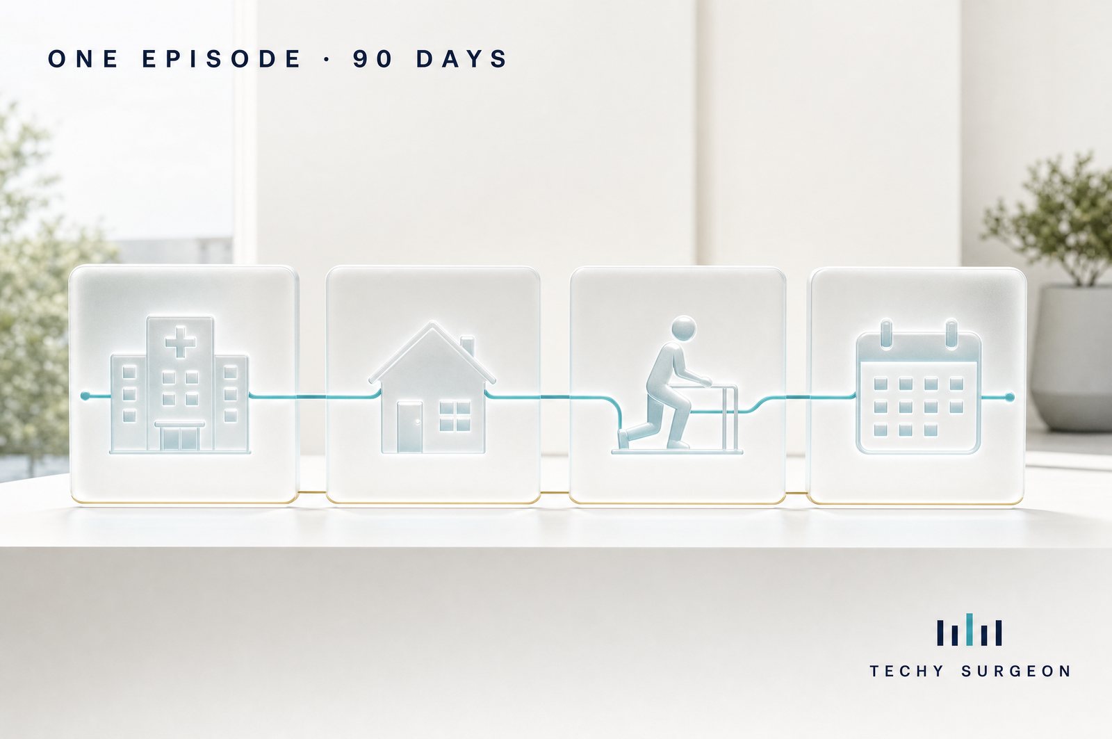 Four glass slabs on a white table: hospital, home, therapy, calendar, joined by one teal line — one episode, 90 days