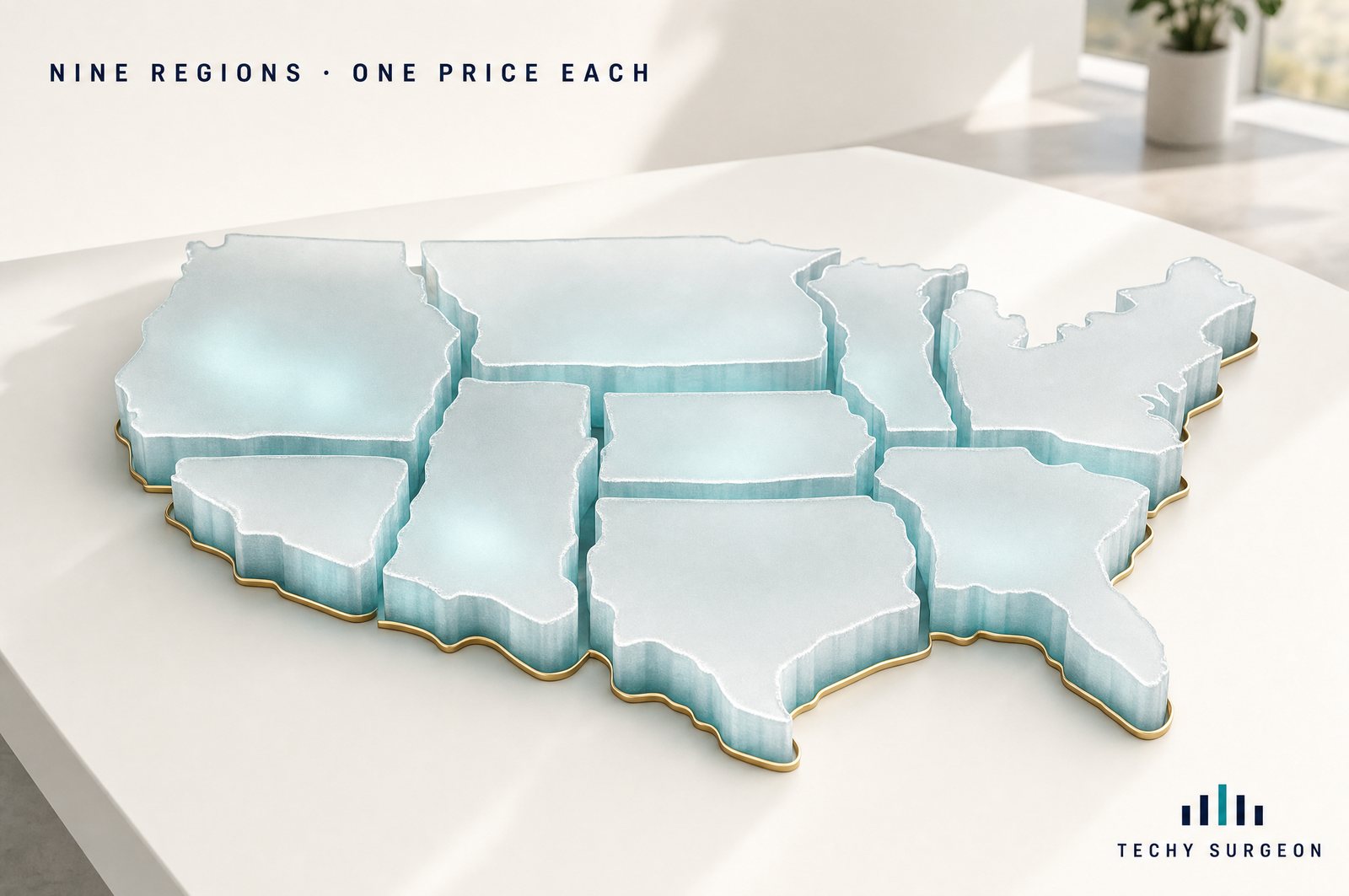 A map of the United States cut into nine glowing glass regions — nine regions, one price each